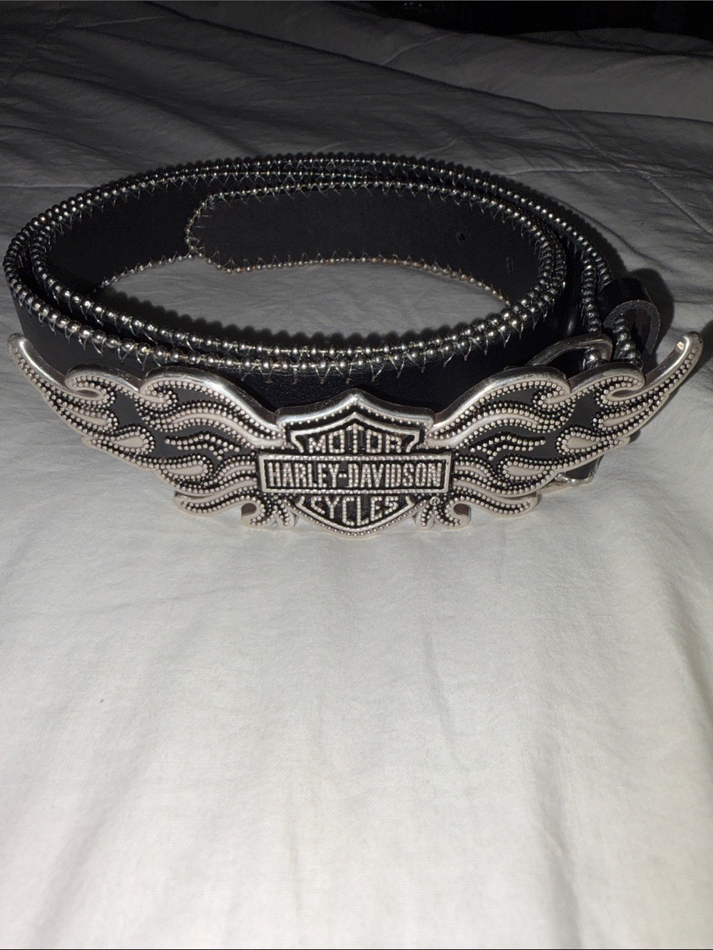 Y2K 2008 Harley Davidson Genuine Black Leather Belt Silver Wings Buckle